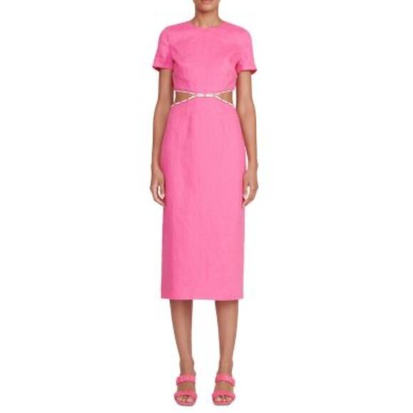 Staud Pink Matteo Cut Out Linen Midi Dress Size 0 - Picture 8 of 9